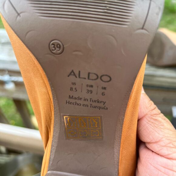 Aldo Brown Genuine Leather Peep Toe Chunky Heel Ankle Strap Size 8.5 Wood Heel - Picture 12 of 12